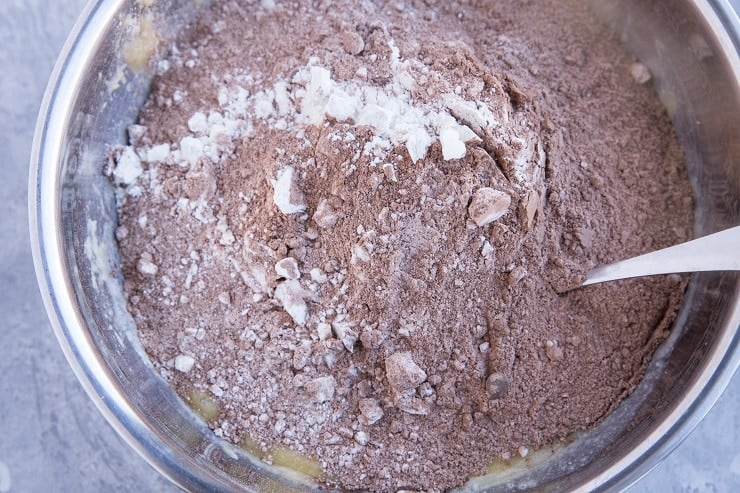 Add the flour, cocoa powder and rest of the dry ingredients to the mixing bowl