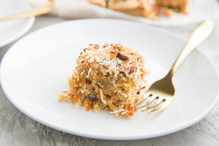 Grain-Free Carrot Cake Blondies made with almond flour and sweetened with pure maple syrup. A fun and delicious dessert recipe!