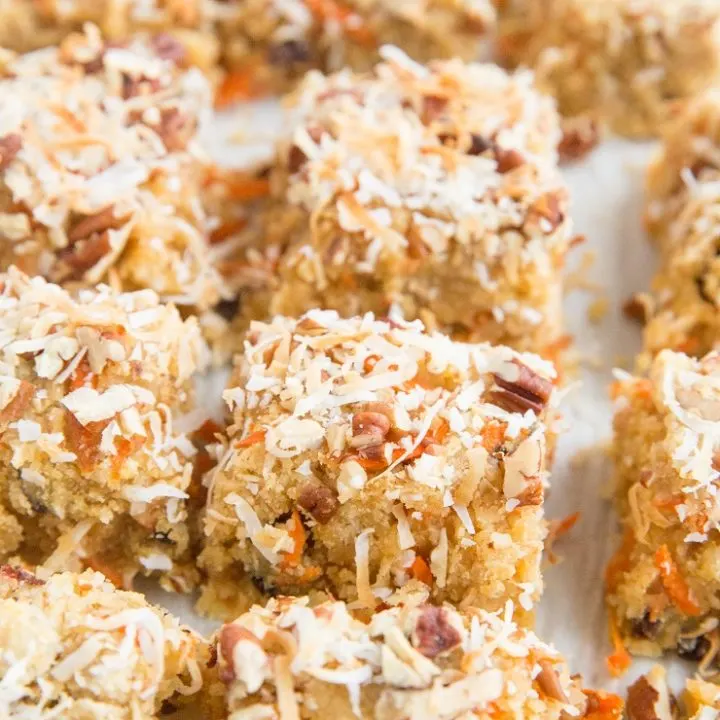 Paleo Carrot Cake Blondies made with 9 basic ingredients. Grain-free, refined sugar-free, easy to make, delicious healthier dessert recipe!