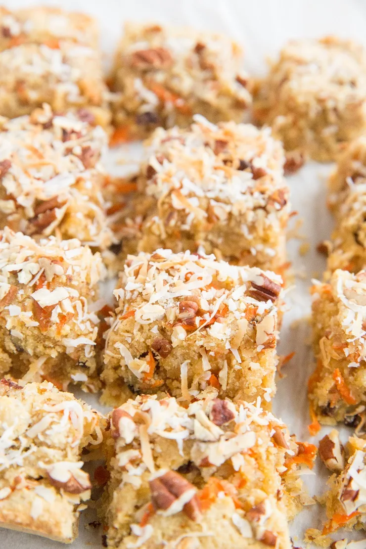 Grain-free healthy Carrot Cake Blondies made with 9 basic ingredients. Easy, paleo, delicious healthy dessert recipe.