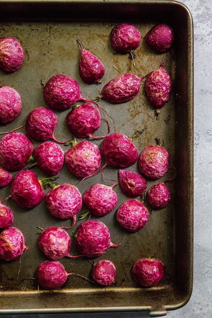 Roast radishes cut-side down