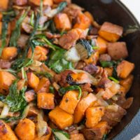 Easy Sweet Potato Hash Recipe with onions, bacon, and spinach