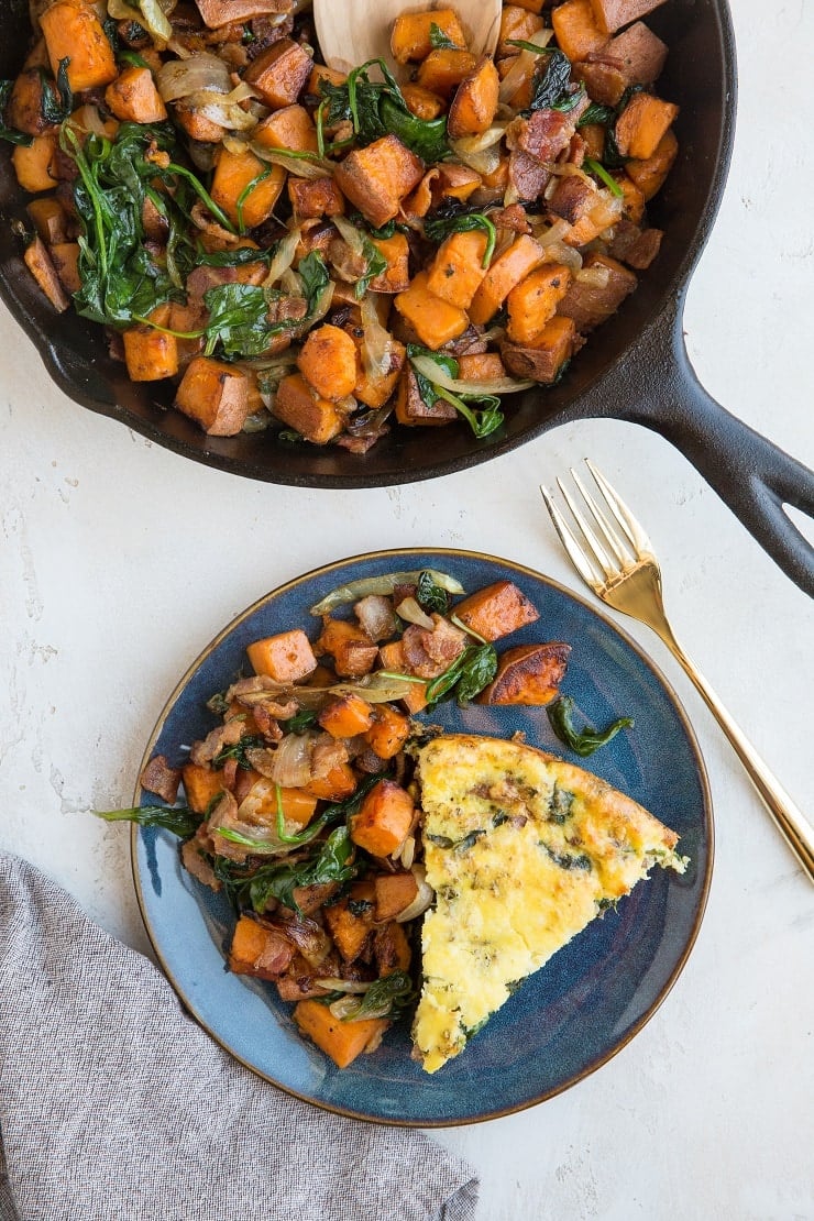 Sweet Potato Hash with spinach and bacon. An easy side dish to level up your breakfast or brunch!