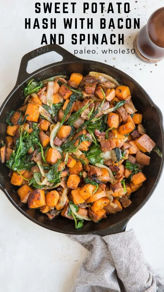 Quick and easy Sweet Potato Hash with onions, bacon, and spinach is an incredibly tasty addition to breakfast or brunch!