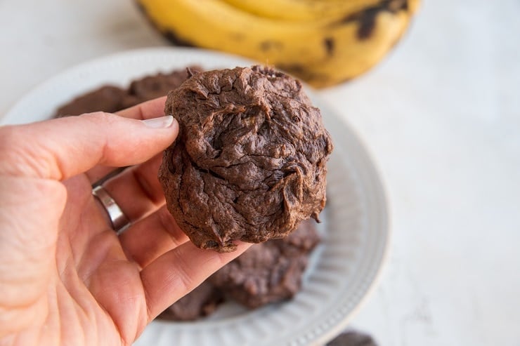 Healthy 3-Ingredient Vegan Chocolate Cookies sweetened with bananas - grain-free, dairy-free, sugar-free, and flourless