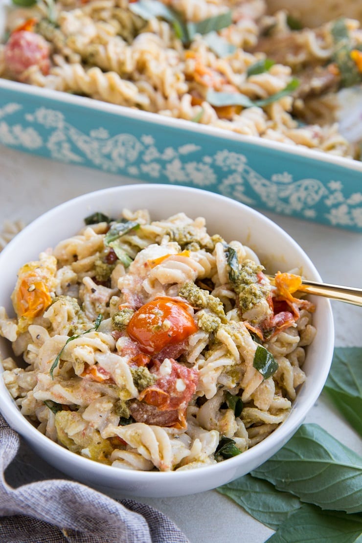 Big bowl of baked feta pasta