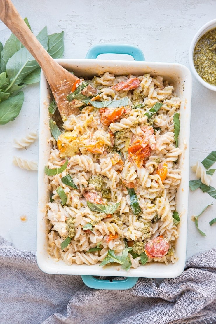 Baked Feta Pasta with gluten-free pasta noodles and pesto sauce. A changeup from the baked feta pasta from TikTok and Instagram