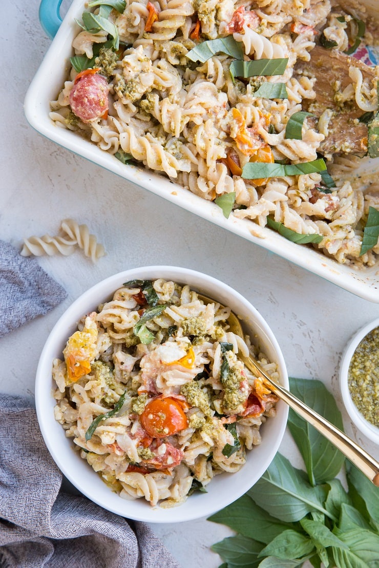 Gluten-Free Baked Feta Pasta with cherry tomatoes, garlic, feta cheese and pesto sauce