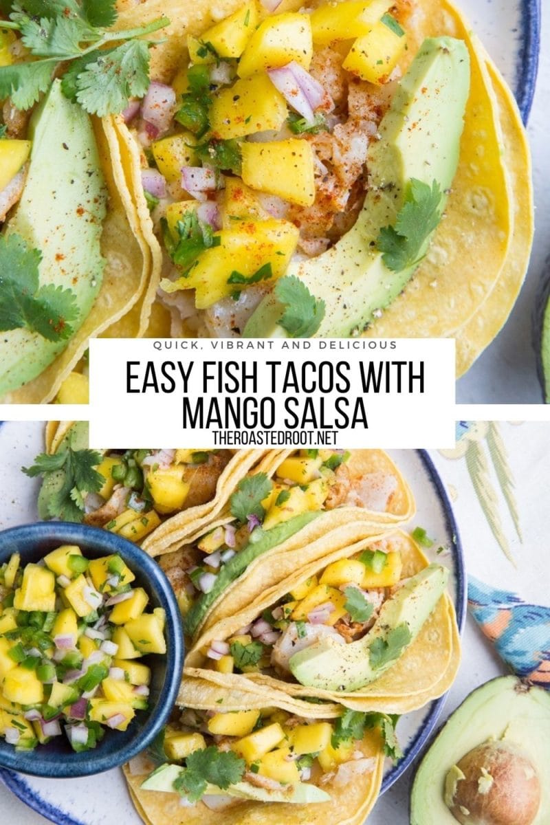 Easy Fish Tacos with Mango Salsa, baked cod, and avocado. A delicious and quick taco recipe that makes for the perfect bite!