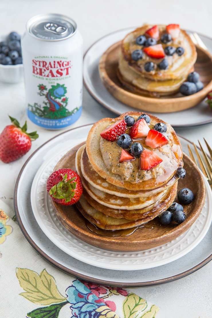 Gluten-Free Pancakes made with kombucha! Light, fluffy, flavorful pancake recipe that tastes like buttermilk or sourdough pancakes