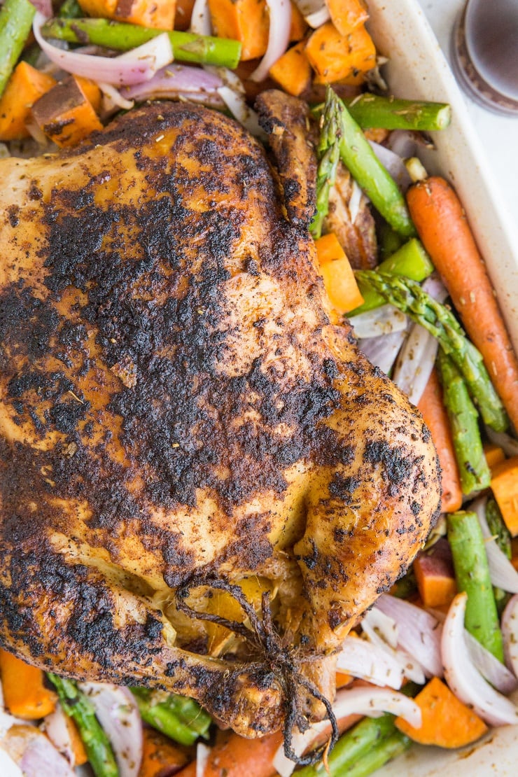 Easy Whole Roast Chicken Recipe with vegetables - a nutritious superfood meal!