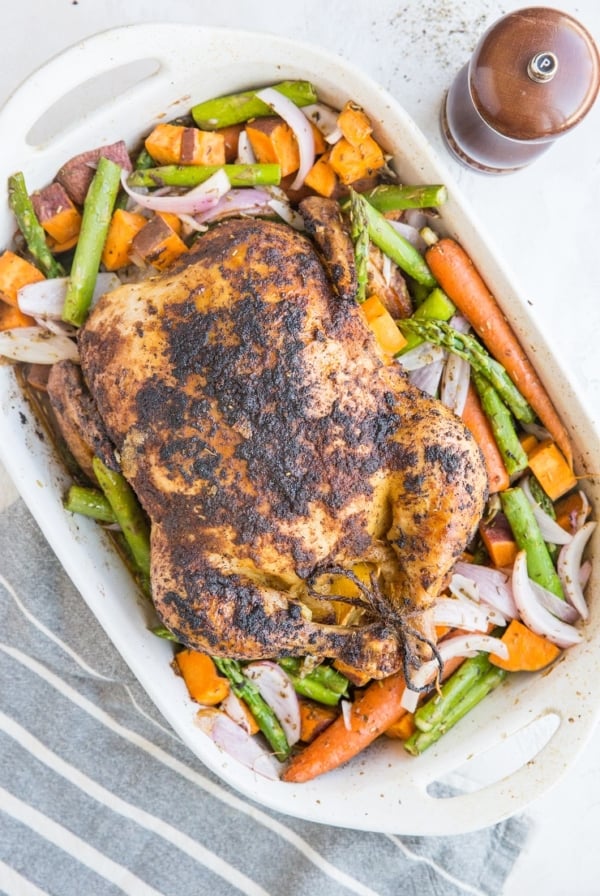 Whole Roast Chicken and Vegetables - an easy one-dish meal loaded with nutrients - paleo, whole30, healthy and delicious