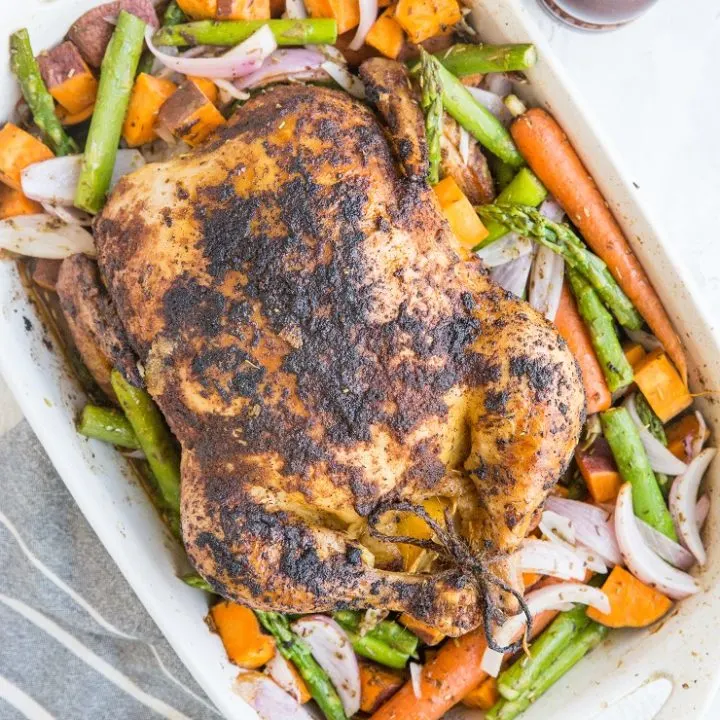 Whole Roast Chicken and Vegetables - an easy one-dish meal loaded with nutrients - paleo, whole30, healthy and delicious