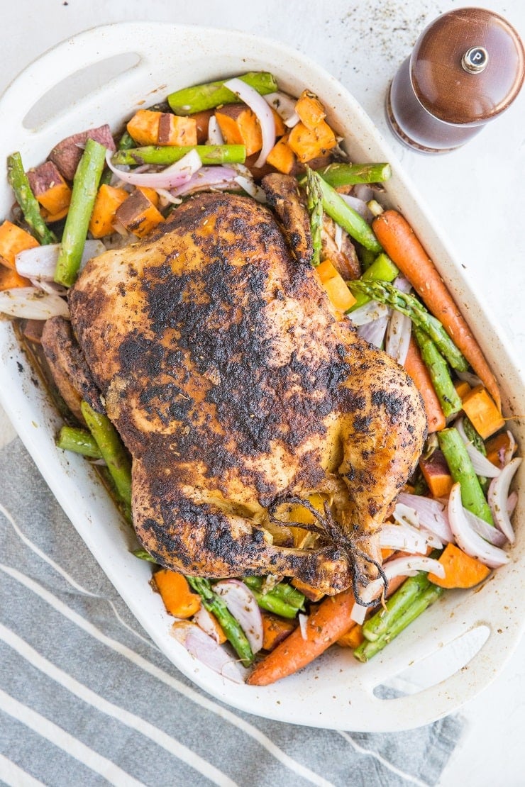 Whole Roast Chicken and Vegetables - an easy one-dish meal loaded with nutrients - paleo, whole30, healthy and delicious
