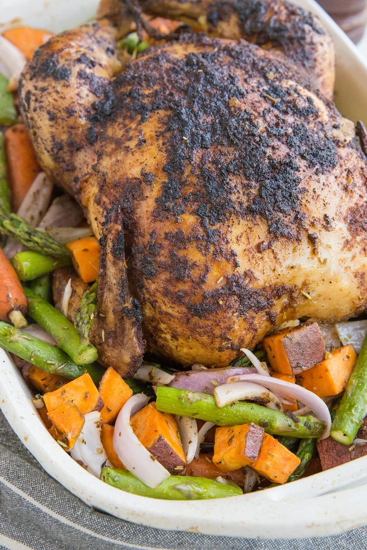 Whole Roast Chicken with roasted vegetables is an easy, healthy one-pan meal - whole30, paleo