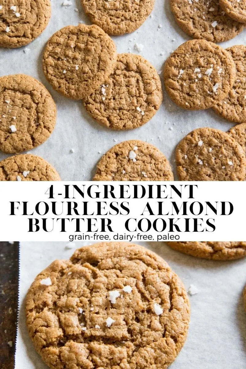 4-Ingredient Paleo Flourless Almond Butter Cookies are rich, delicious and amazing! Grain-free, dairy-free, refined sugar-free and loaded with almond butter flavor for a healthier dessert or snack.