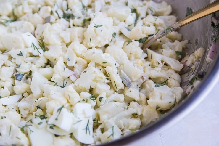 Finished low-carb potato salad in a mixing bowl