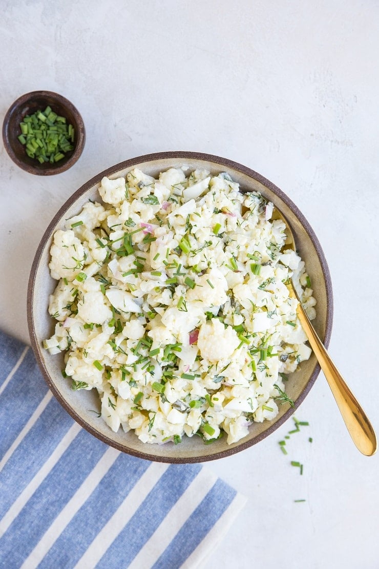 Low-Carb Cauliflower "Potato" Salad - classic potato salad made with cauliflower for a keto version.