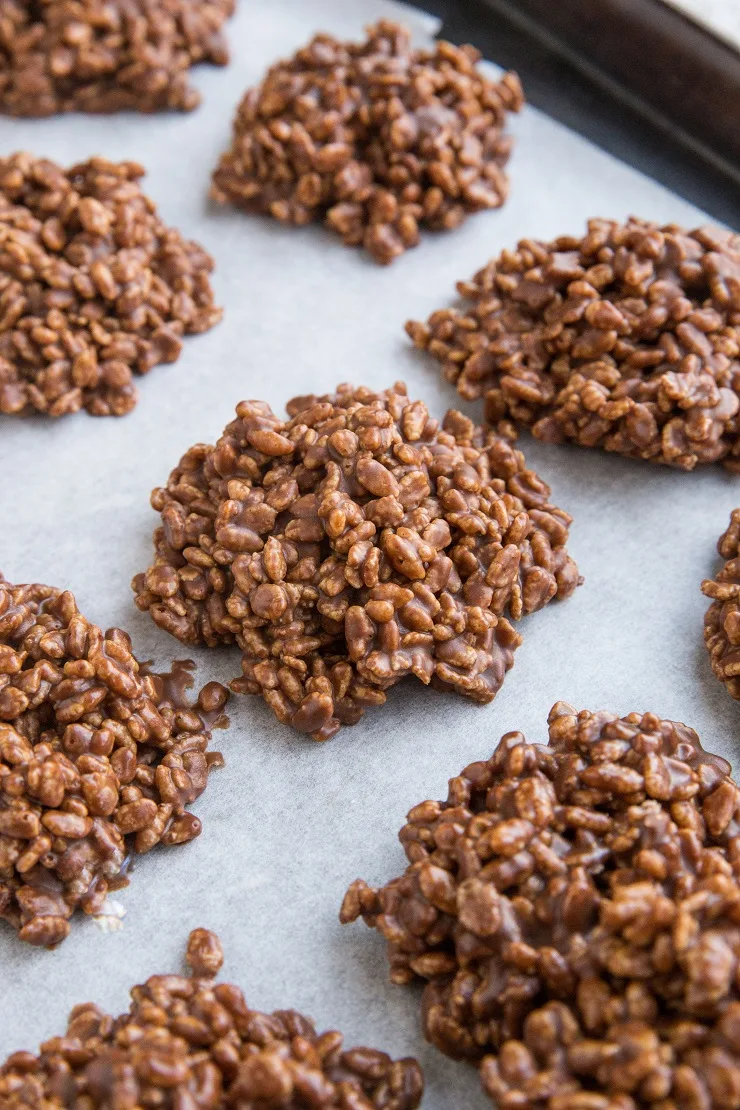Crispy Rice Chocolate Peanut Butter No Bake Cookies require few ingredients, are so easy to make and delightfully crispy and chewy. No baking required!