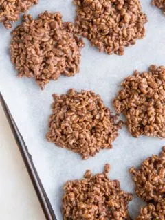 Crispy Rice Chocolate Peanut Butter No Bake Cookies require few ingredients, are so easy to make and delightfully crispy and chewy. No baking required!