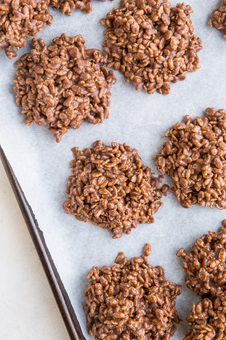 Crispy Rice Chocolate Peanut Butter No Bake Cookies require few ingredients, are so easy to make and delightfully crispy and chewy. No baking required!