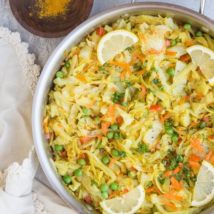 Easy Curry Sauteed Cabbage is a phenomenal side dish that is vegan, paleo, whole30 and keto! Amazing for sharing with friends and family.
