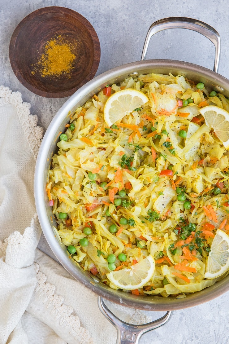 Easy Curry Sauteed Cabbage is a phenomenal side dish that is vegan, paleo, whole30 and keto! Amazing for sharing with friends and family.