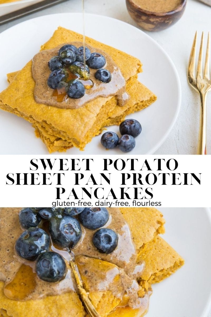 Gluten-Free Flourless Sweet Potato Pancakes made on a sheet pan! Dairy-free, made with whole rolled oats in a blender for a delicious, easy breakfast.