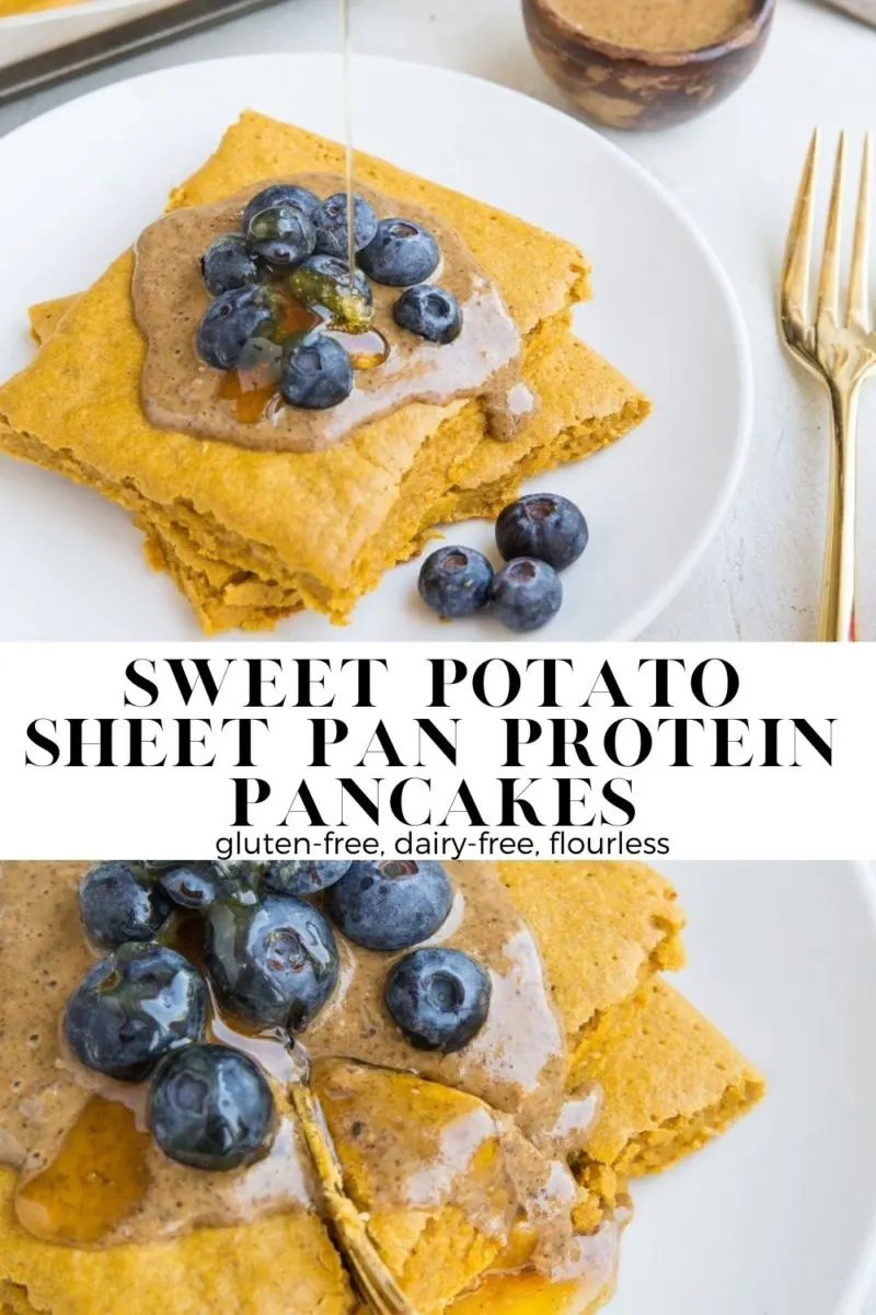 Gluten-Free Flourless Sweet Potato Pancakes made on a sheet pan! Dairy-free, made with whole rolled oats in a blender for a delicious, easy breakfast.