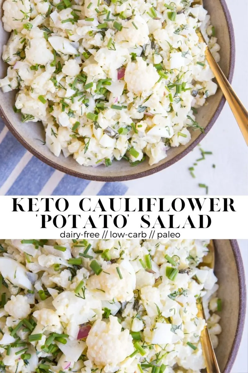Keto Cauliflower "Potato" Salad - Keto Cauliflower Potato Salad made with the infamous cauliflower instead of potatoes is a low-carb version of your favorite summer salad. #keto #paleo #whole30 #vegetarian #lowcarb #sidedish #cauliflower