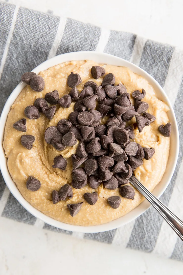 Peanut Butter Cookie Dough with Chocolate Chips - grain-free, sugar-free, egg-free cookie dough recipe that is ready to eat.