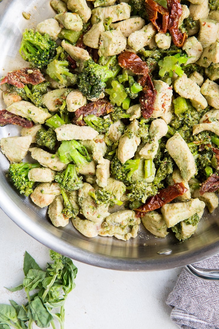 Pesto Chicken and Broccoli with Sun-Dried Tomatoes - the quickest, easiest dinner recipe to get meal time DONE!