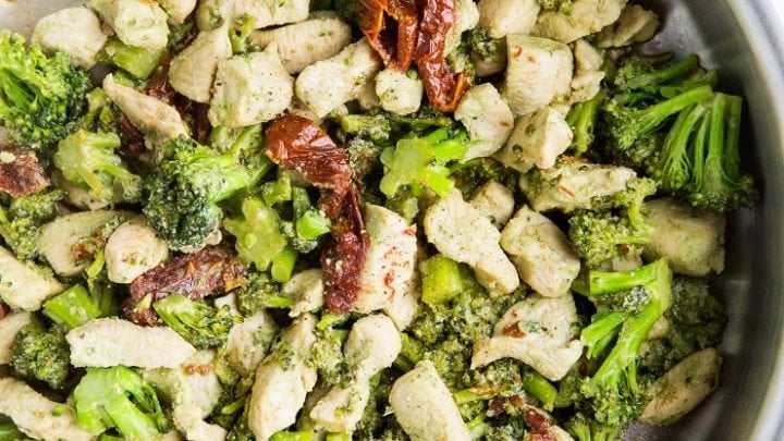 Easy 20-minute Pesto Chicken and Broccoli is a quick and simple dinner recipe requiring 4 ingredients and one skillet.