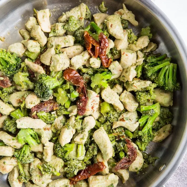 Easy 20-minute Pesto Chicken and Broccoli is a quick and simple dinner recipe requiring 4 ingredients and one skillet.