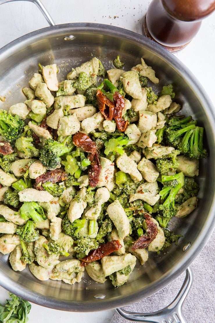 Easy 20-minute Pesto Chicken and Broccoli is a quick and simple dinner recipe requiring 4 ingredients and one skillet.