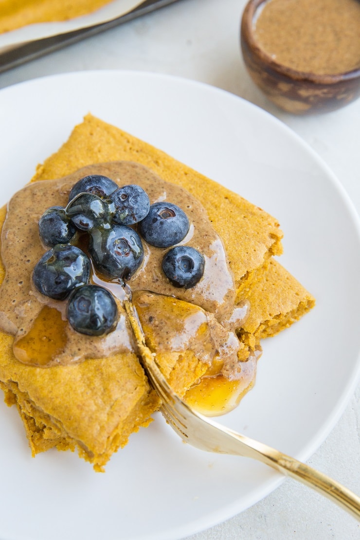 Sweet Potato Sheet Pan Pancakes - gluten-free, dairy-free sweet potato pancakes made in the oven on a sheet pan!