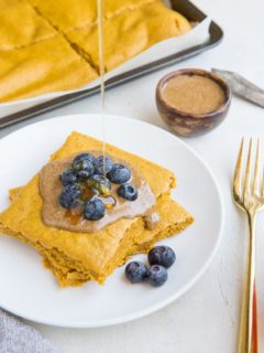 Sheet Pan Sweet Potato Protein Pancakes - gluten-free, dairy-free pancakes baked in the oven on a sheet pan!