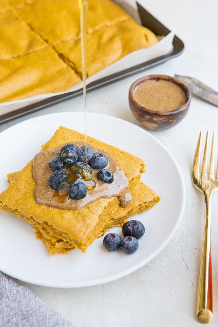 Sheet Pan Sweet Potato Protein Pancakes - gluten-free, dairy-free pancakes baked in the oven on a sheet pan!