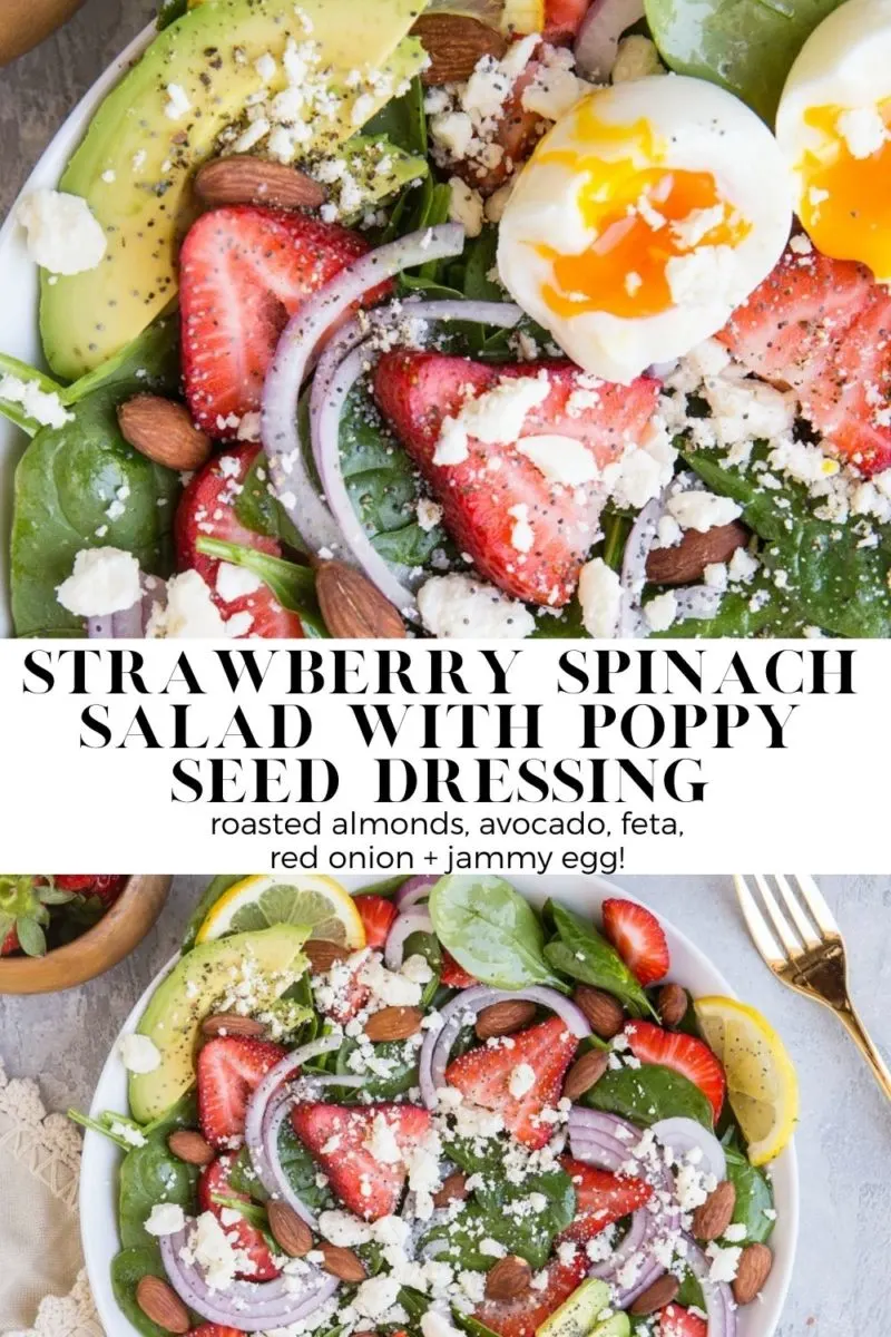 Strawberry Spinach Salad with Poppy Seed Dressing - roasted almonds, avocado, feta, red onion and jammy 6-minute egg make this salad recipe a dream!