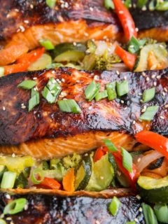 Teriyaki Salmon Recipe - a quick and easy delicious salmon recipe! Serve it up with roasted vegetables for a balanced, delicious meal.