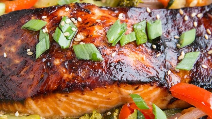 Teriyaki Salmon Recipe - a quick and easy delicious salmon recipe! Serve it up with roasted vegetables for a balanced, delicious meal.