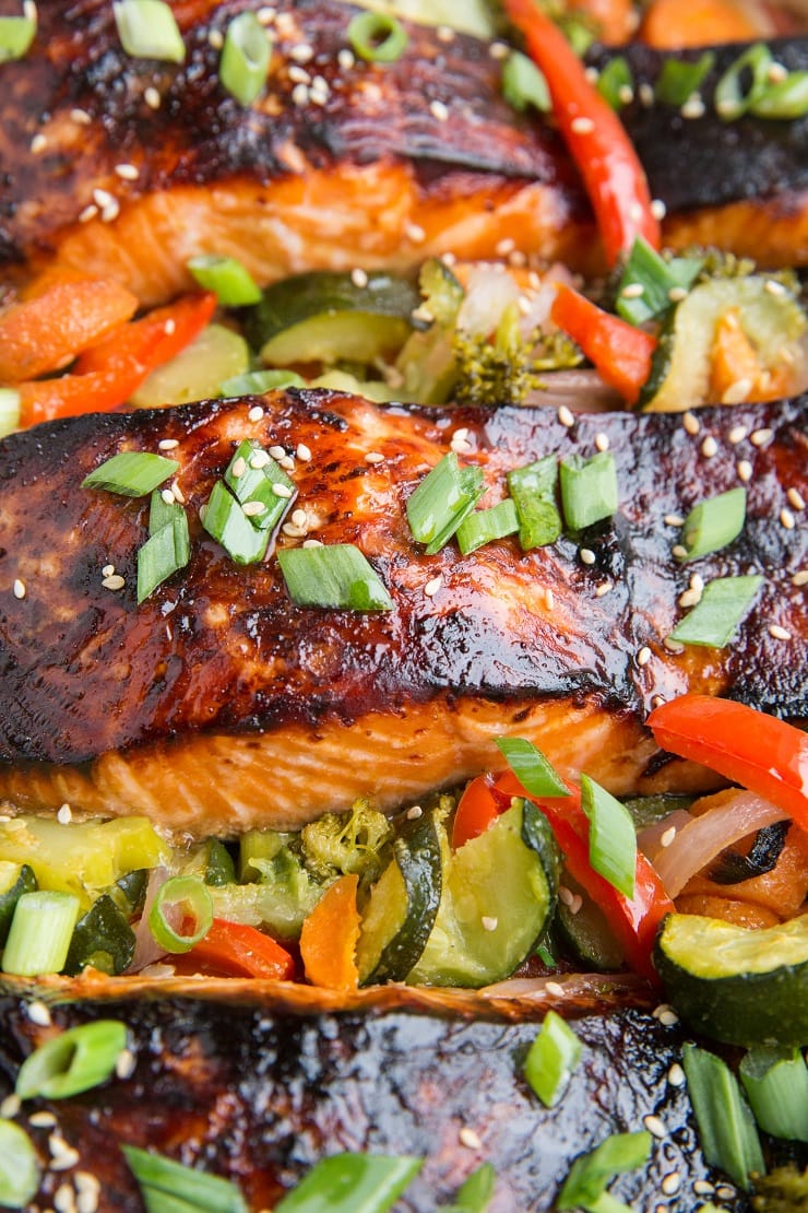 Teriyaki Salmon Recipe - a quick and easy delicious salmon recipe! Serve it up with roasted vegetables for a balanced, delicious meal.