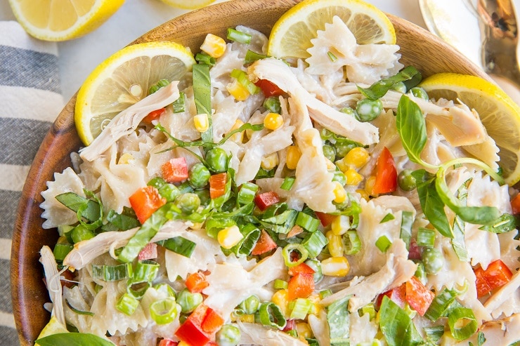 Gluten-Free Creamy Chicken Pasta Salad with corn, peas, bell pepper, basil and fresh Greek yogurt lemon dressing
