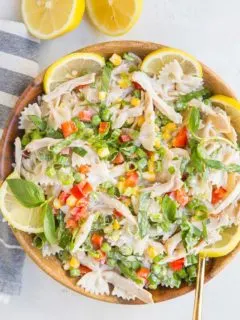 Creamy Chicken Pasta Salad with fresh vegetables - a quick and easy pasta salad recipe using leftover chicken - amazing side dish for summer!