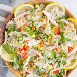 Creamy Chicken Pasta Salad with fresh vegetables - a quick and easy pasta salad recipe using leftover chicken - amazing side dish for summer!