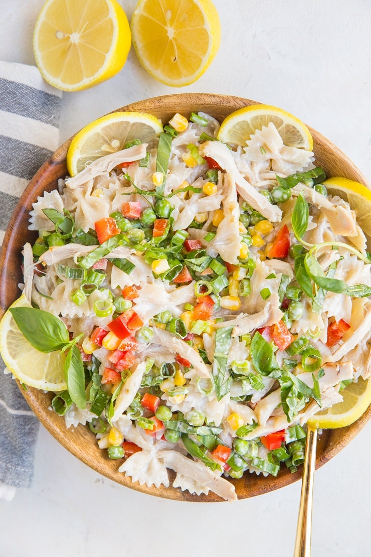 Creamy Chicken Pasta Salad with fresh vegetables - a quick and easy pasta salad recipe using leftover chicken - amazing side dish for summer!