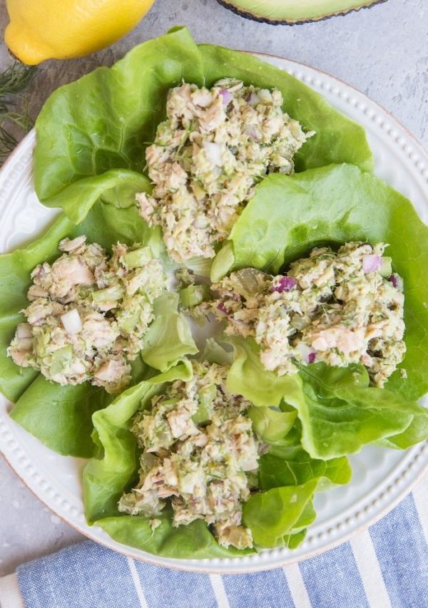 Tuna Salad Lettuce Wraps made mayo-free. This protein-packed lunch recipe comes together in minutes and is incredibly satiating!