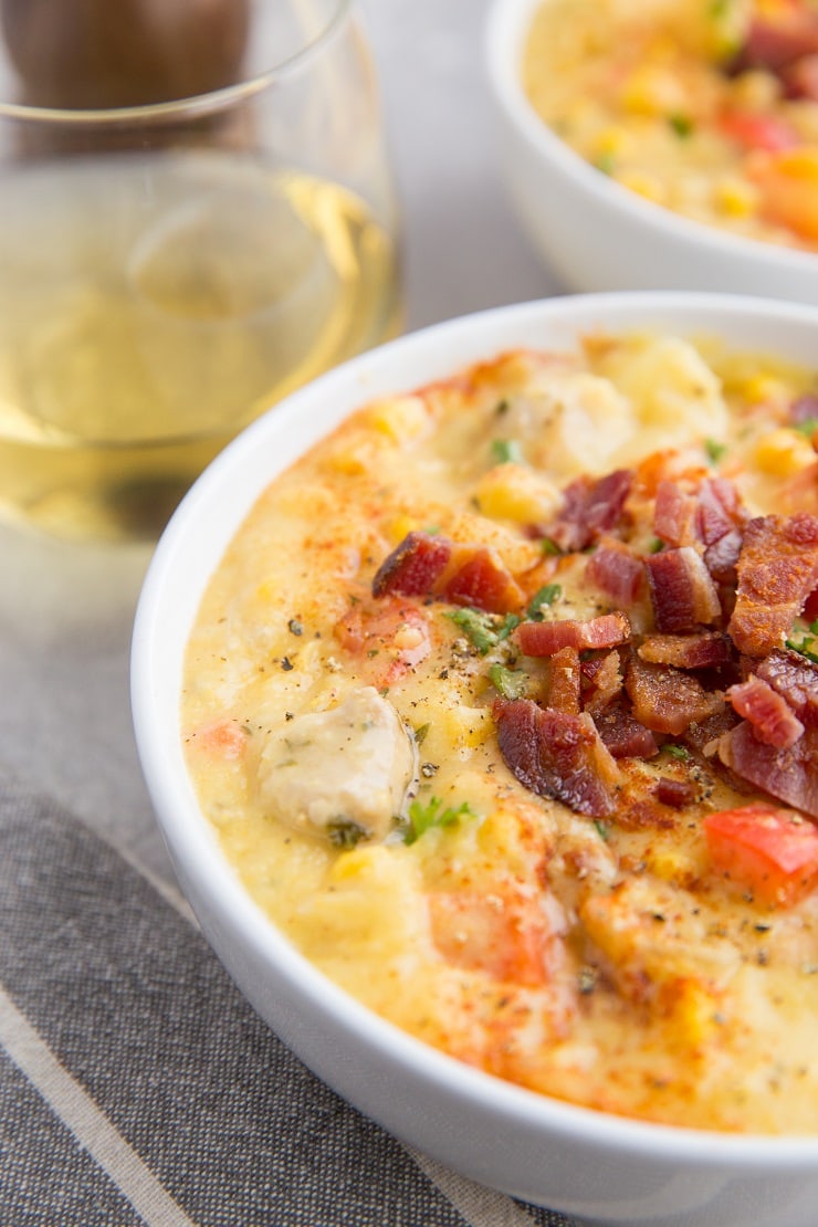 Gluten-Free Dairy-Free Chicken Corn Chowder is thick, creamy, and absolutely delicious! Serve it up with crispy chopped bacon for an amazing meal!