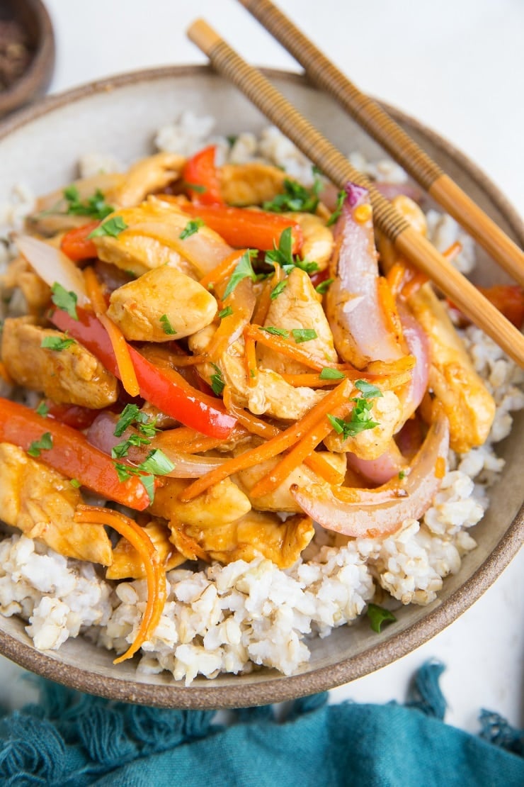 Easy Healthy Szechuan Chicken made gluten-free, soy-free, dairy-free, and paleo-friendly. This simple recipe tastes authentic and is better than takeout!