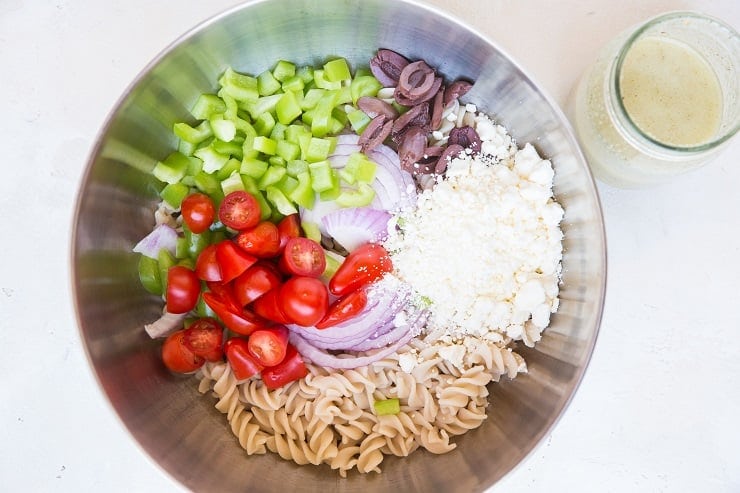 Ingredients for Italian Pasta Salad in a bowl